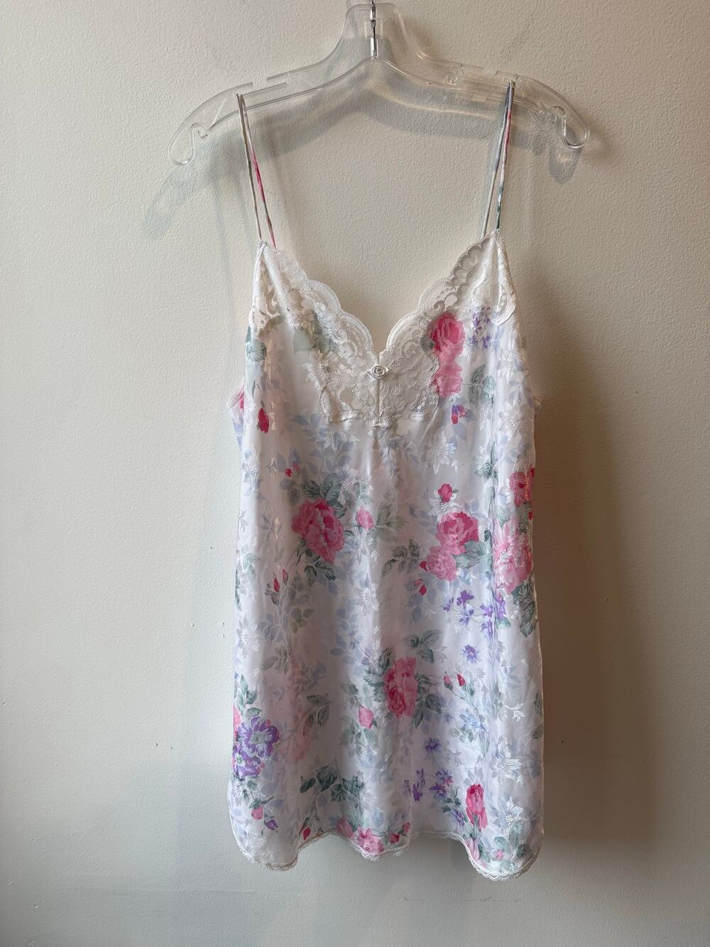 Vintage White Pink Floral Lace Chemise Slip Nightgown Cottage Coquette Women M